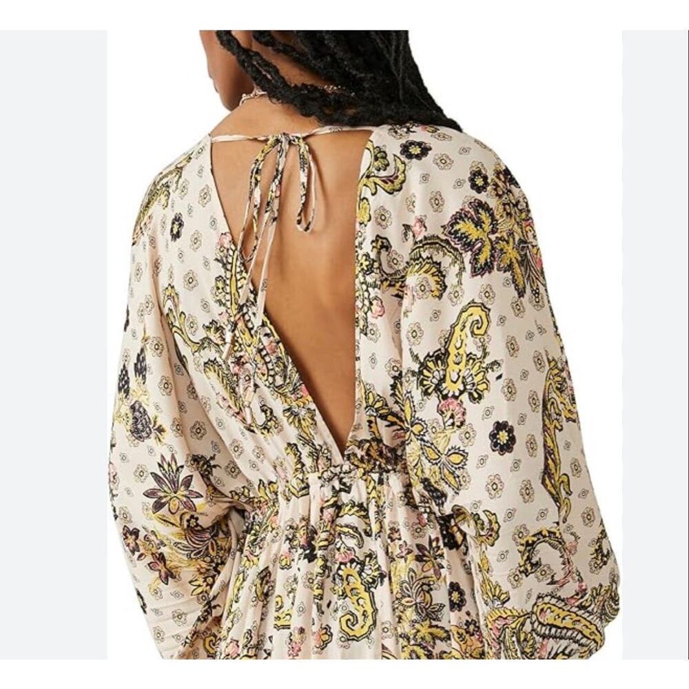 Free People Arzel Boho Peasant Paisley Dress Long Balloon Sleeve V-Neck Tea Sz S - Picture 2 of 14